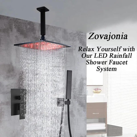 Dope LED Rain Shower System With 12 Inch Square Brass Rain Head, Ceiling Mounted High Pressure Fixture, water flowing