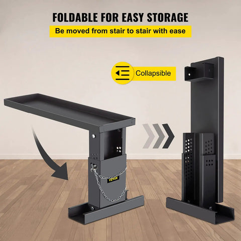 Foldable ladder extender for stairs, 23.4x7.6 inches, adjustable height 12.25-19.7 inches, steel leveling tool with chain pins.