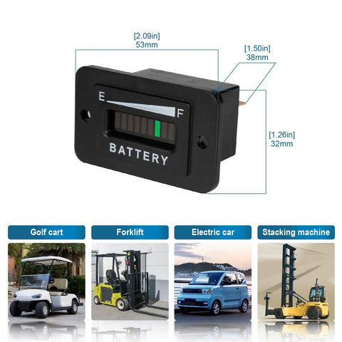 Cool 36V Battery Meter Gauge Compatible With Trojan Batteries Easy Install Digital Voltage Monitor For Golf Carts And Industrial Equipment Compact Power Capacity Display Kit Durable Construction, front view with dimensions.