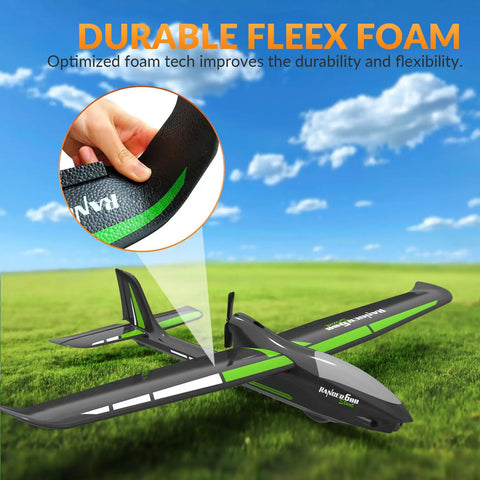 Stunt Ready To Fly 4 Channel RC Plane Ranger600 Glider showcasing durable EPP foam material with green accents.