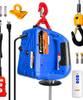 FITHOIST 1540-lb electric hoist winch with blue housing, red hook, wired and wireless remotes
