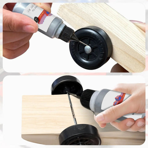 Applying graphite lubricant from Pinewood Derby Weights Kit 5Oz With Tungsten Putty And 12 Derby Weights to car wheels and axles.