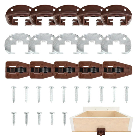 5 Pack Heavy Duty Drawer Slides With Plastic Guides, Metal Backplates, screws, and hardware shown separately