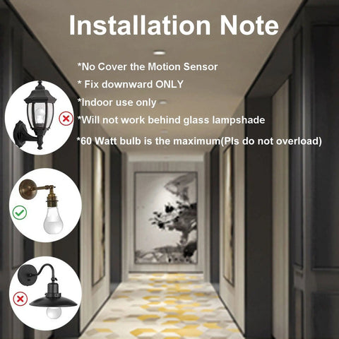 Two Pack Motion Activated Light Socket Adapters For E26 And E27 Bulbs Auto On Off Dusk To Dawn Sensor Indoor Use For Porch Garage Basement Hallways Closets Laundry Rooms installation note in hallway