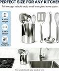 Heavy Duty Stainless Steel Kitchen Utensil Holder And Countertop Caddy Game Changer with spatulas and ladles beside sink.