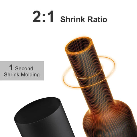 Close-up of 600-Piece Heat Shrink Tubing Kit showing 2:1 shrink ratio process and 1 second shrink molding.