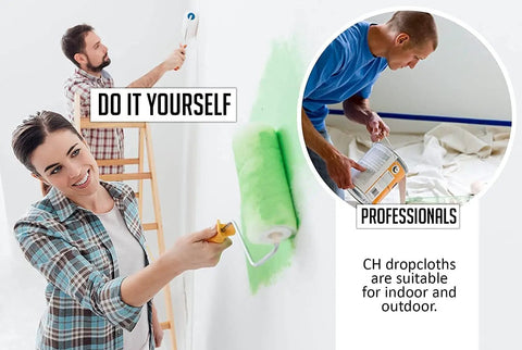 People using thick canvas drop cloth for painting pack of four pro grade 4x12 feet heavy duty canvas tarp with double stitched edges indoors