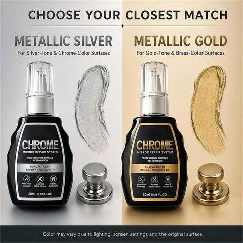 Professional Chrome Repair Pen, Silver Spray Paint for Metal (Silver) alongside Metallic Gold option, showcasing usage for color-matching.