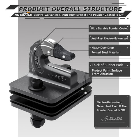 Beefy Workhorse 3/8 Inch Bolt On Tractor Bucket Grab Hook Grade 70 Forged Steel, 2 Pack With Backer Plate And Rubber Pads, structure details