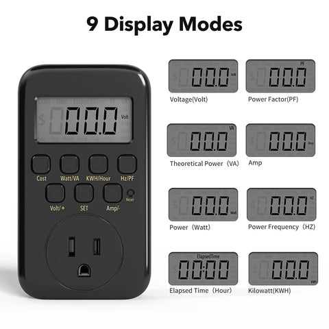 Handy LCD Plug In Power Meter With Digital Display, Wall Socket Watt Meter For Voltage And Amps, Track Electricity Usage And Costs, 9 Display Modes For Easy Energy Saving, No Fuss Home Power Monitor