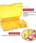 Lockout Tagout Station Kit With Lockable Cover For Wall Mount Storage, open yellow design, labeled components shown