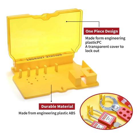 Lockout Tagout Station Kit With Lockable Cover For Wall Mount Storage, open yellow design, labeled components shown