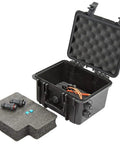 Tough As Nails IP68 Waterproof Battery Case For 12V 35Ah Batteries Featuring Dual Polarized Connectors and Fuse Blocks, open view.