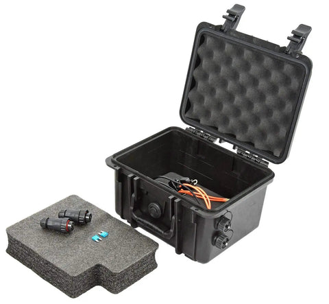 Tough As Nails IP68 Waterproof Battery Case For 12V 35Ah Batteries Featuring Dual Polarized Connectors and Fuse Blocks, open view.