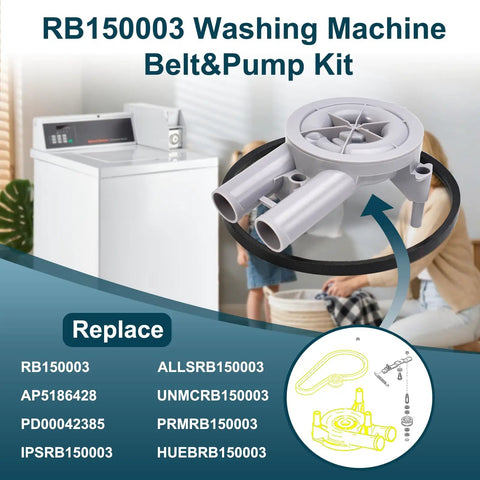 Upgraded RB150003 Washer Drain Pump And Belt Kit 8x6x3.4 Inch Includes Pump Models 201566P 205217P 27001036 36863 And Belt 38174