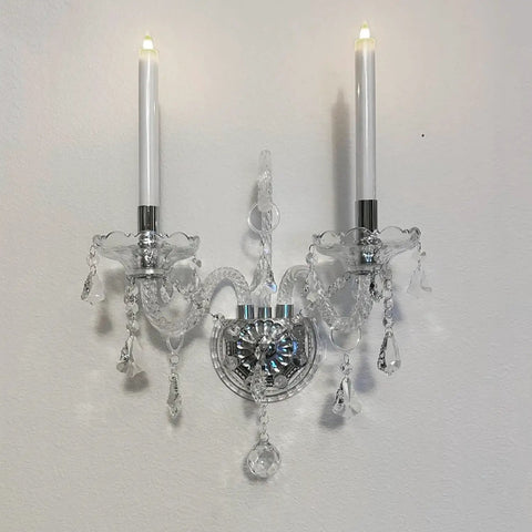 Crystal Wall Sconce Light With Double Heads And Pendant European Style Wall Lamp for Hallway and Living Room Dope Look Luxury Decor Hardwired Fixture With Easy Install Radiant Sparkle And Ambient Glow For Any Space, shown with crystal details and stainless steel accents.