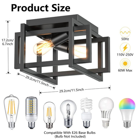 Close To Ceiling Square Black Industrial Farmhouse Light Fixture For Hallway Entryway Kitchen And Bedroom with bulb options