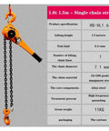 Solid Hand Operated Chain Hoist With 1.6 Ton Lifting Power And 15 Meter Lift Height Perfect For Heavy Duty DIY Jobs or Small Garage Repairs Needing Serious Tensioner Control showing specifications.