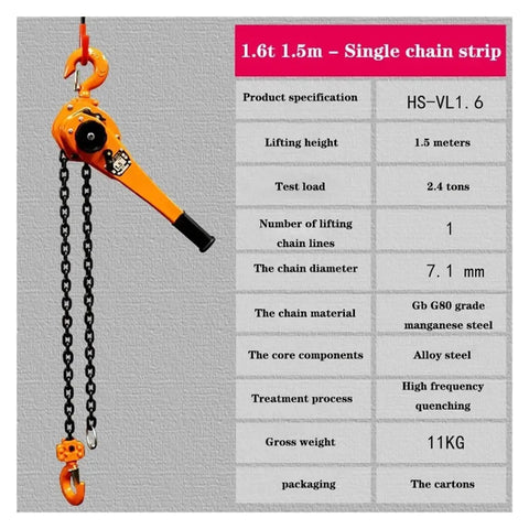Solid Hand Operated Chain Hoist With 1.6 Ton Lifting Power And 15 Meter Lift Height Perfect For Heavy Duty DIY Jobs or Small Garage Repairs Needing Serious Tensioner Control showing specifications.