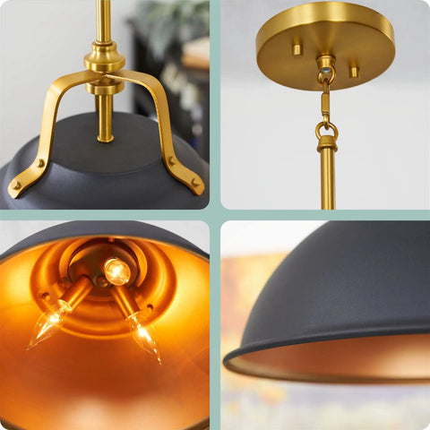 16-Inch 3-Light Modern Farmhouse Pendant Light With Metal Dome Shade In Golden Brass And Sandblasted Black Finish details