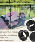 Outdoor deck with umbrella stand with sleeve, center cap, and stabilizer adapter fits 1.5 to 1.75 inch poles for various uses.