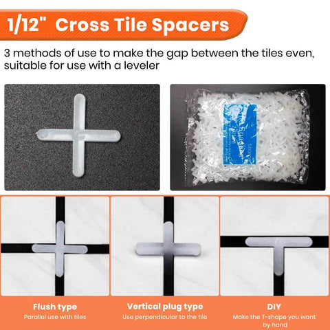 One twelfth inch cross tile spacers shown in packaging and used with tiles, part of Pro Grade Tile Leveling System Kit.