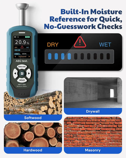 Rechargeable Pinless Moisture Meter For Wood Drywall And Masonry With Adjustable Alarm Data Records Noninvasive Hemispherical Sensor For Fast Pro Grade Home Water Leak Checks on softwood, hardwood, drywall, masonry