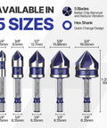 Illustration of Pro Grade Countersink Drill Bit Set 1/4 To 3/4 Inch, 5 sizes, labeled with dimensions, hex shank design.