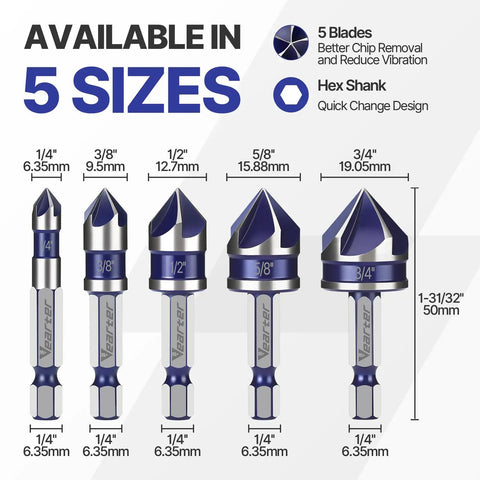 Illustration of Pro Grade Countersink Drill Bit Set 1/4 To 3/4 Inch, 5 sizes, labeled with dimensions, hex shank design.