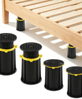 Heavy Duty Adjustable Bed Support Legs Four Pack, black and yellow, under wooden bed frame, height stabilizers for anti sag foundation.