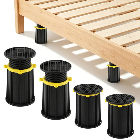 Heavy Duty Adjustable Bed Support Legs Four Pack, black and yellow, under wooden bed frame, height stabilizers for anti sag foundation.