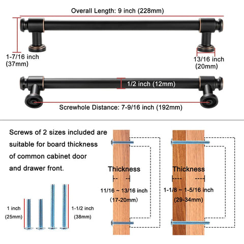Two 9 inch oil rubbed bronze cabinet pulls with measurements and screw size options shown for 10 Pack 7.5 Inch Oil Rubbed Bronze Cabinet Pulls Handles For Cabinets Drawers Dresser Cupboard Bedroom Bathroom Solid Metal Hardware With Smooth Rounded Edges For Easy Install