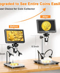 7 Inch HDMI Digital Microscope With 1200X Coin Magnification For Lit Coin Viewing On TV Or Monitor, USB PC Recording With 32GB Card, Capture Every Detail Of Your Coins In High Definition. 8.5-inch stand view