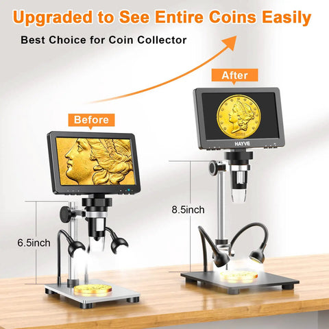 7 Inch HDMI Digital Microscope With 1200X Coin Magnification For Lit Coin Viewing On TV Or Monitor, USB PC Recording With 32GB Card, Capture Every Detail Of Your Coins In High Definition. 8.5-inch stand view