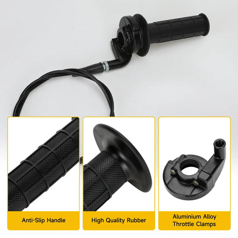 Black rubber 7/8 Inch Twist Throttle Cable Handle Kit with anti-slip grip and aluminum alloy clamp for mini bikes and go karts.