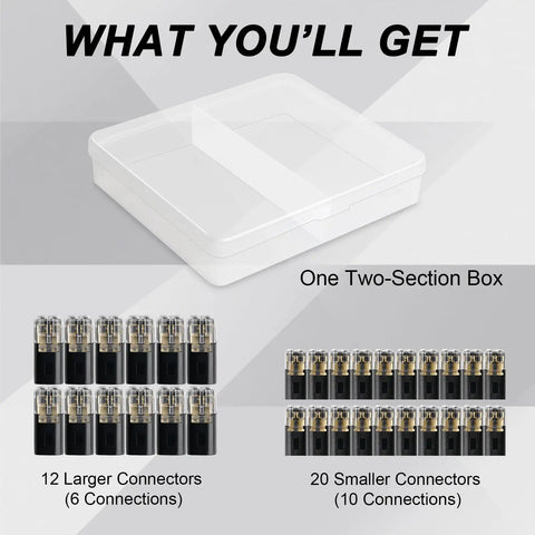 Double Quick Connectors Kit for Low Voltage Wiring with 12 large and 20 small solderless push in connectors, includes two-section box