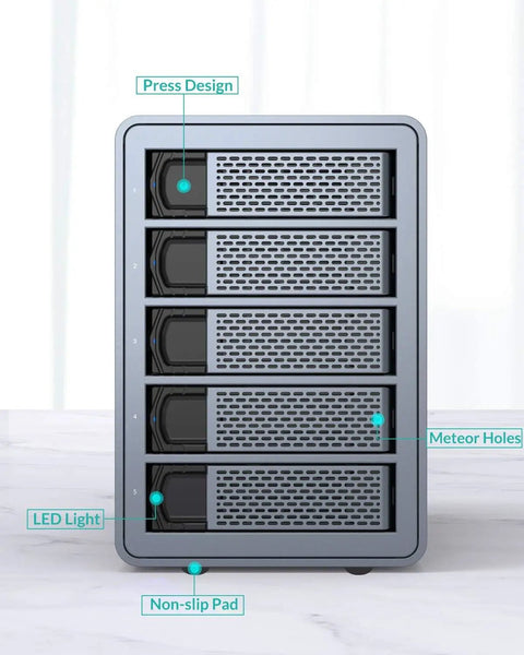Five Bay Aluminum RAID Hard Drive Enclosure With Usb 3.0 Interface For 3.5 And 2.5 Inch Sata Hdd And Ssd Up To 120Tb Storage Capacity front view highlighting ports and features.