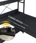 Curved design of Top Tier Industrial Home Office Computer Desk With Five Tier Storage Shelves for improved usability.
