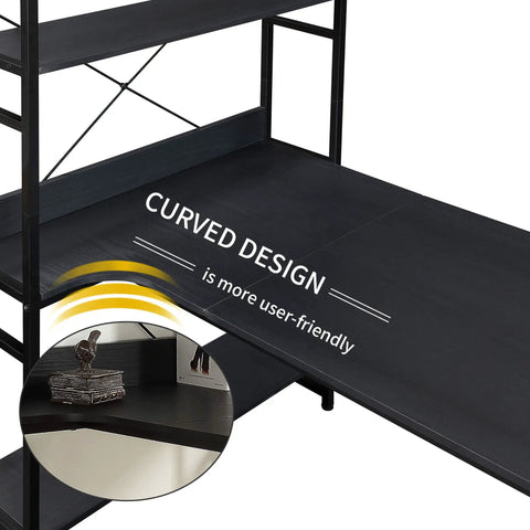 Curved design of Top Tier Industrial Home Office Computer Desk With Five Tier Storage Shelves for improved usability.