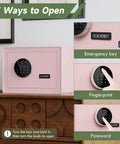 Premium Jewelry Safe With Fingerprint And Keypad Lock, Velvet Lined Document Safe Box With Removable Shelf, Heavy Duty Steel Security For Home Office And Hotels, 1.2 Cu Ft Pink on display showing access methods.