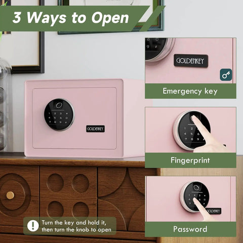 Premium Jewelry Safe With Fingerprint And Keypad Lock, Velvet Lined Document Safe Box With Removable Shelf, Heavy Duty Steel Security For Home Office And Hotels, 1.2 Cu Ft Pink on display showing access methods.