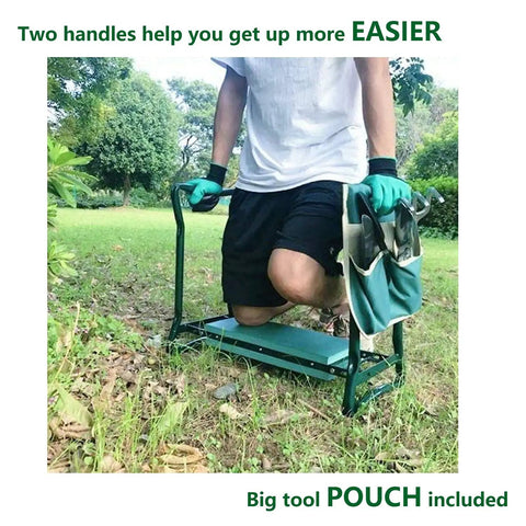 Person using Sturdy Garden Kneeler And Seat With Thick Padded Pad And Tool Pouch, Heavy Duty Foldable Steel Stool, 330 lb capacity.