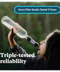 Person using Palm Sized Mini Water Filtration System SP128 Blue For Hiking Camping Travel And Emergency Prep Ultra Lightweight