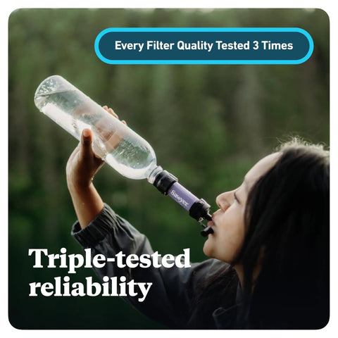 Person using Palm Sized Mini Water Filtration System SP128 Blue For Hiking Camping Travel And Emergency Prep Ultra Lightweight