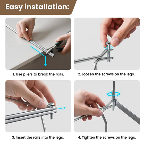 Easy installation steps showing the Top Shelf Letter Size Hanging File Folder Frame Slick Desk Organizer adjustable cabinet rails.