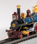 Close-up of 4-4-0 American Steam Locomotive With DCC Ready System Union Pacific 119 HO Scale Wood Load EZ Mate Couplers on track.