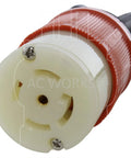 Roughneck Nema L21 30 Power Cord 100 Foot 3 Phase Industrial Rubber Extension Cable With Secure Locking Plugs close-up of locking plug.