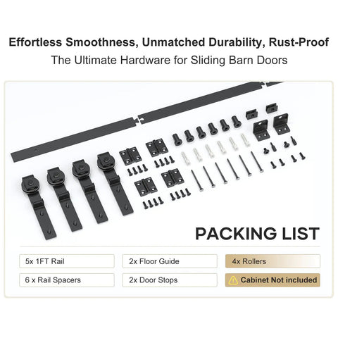 Contents spread out of Five Foot Mini Cabinet Bi Folding Sliding Barn Door Hardware Track Kit For Four Doors Easy Install Smooth Quiet Sliding