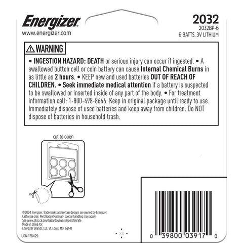 Back packaging of Top Shelf 3V Lithium Coin Cell Battery Pack CR2032 Six Count Bundle with warning instructions.