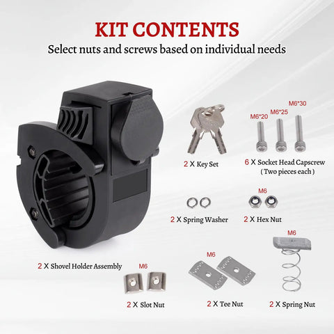 Shovel Holder With Rubber Grip Mount Kit With Lock Fits 0.79 To 1.79 Inch Tool Handles Quick Release For Off Road Roof Rack contents